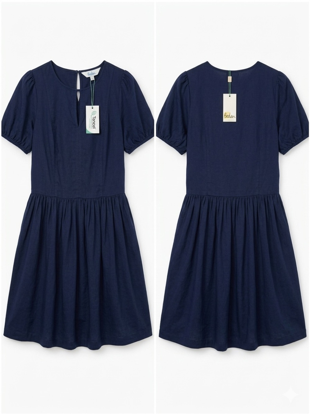 Boden Navy Short Puff-Sleeve Gathered Mini Dress